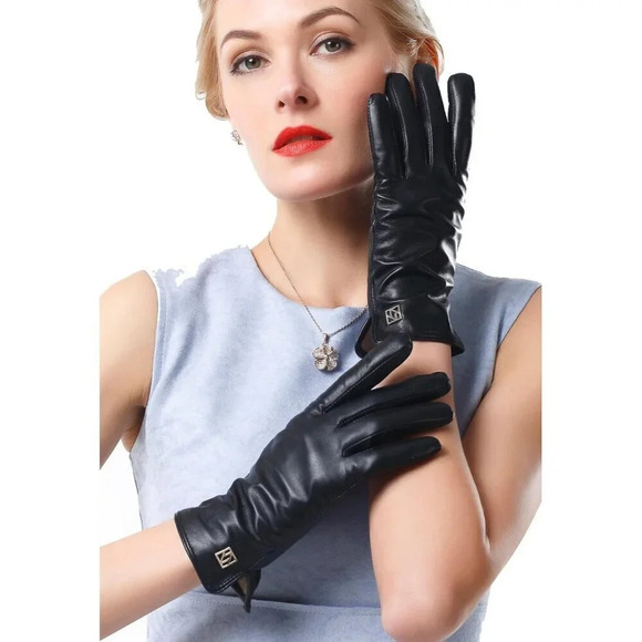 ❤️Women's Black Italian Leather Gloves Lambskin Winter Comfort Gloves - Picture 2 of 8